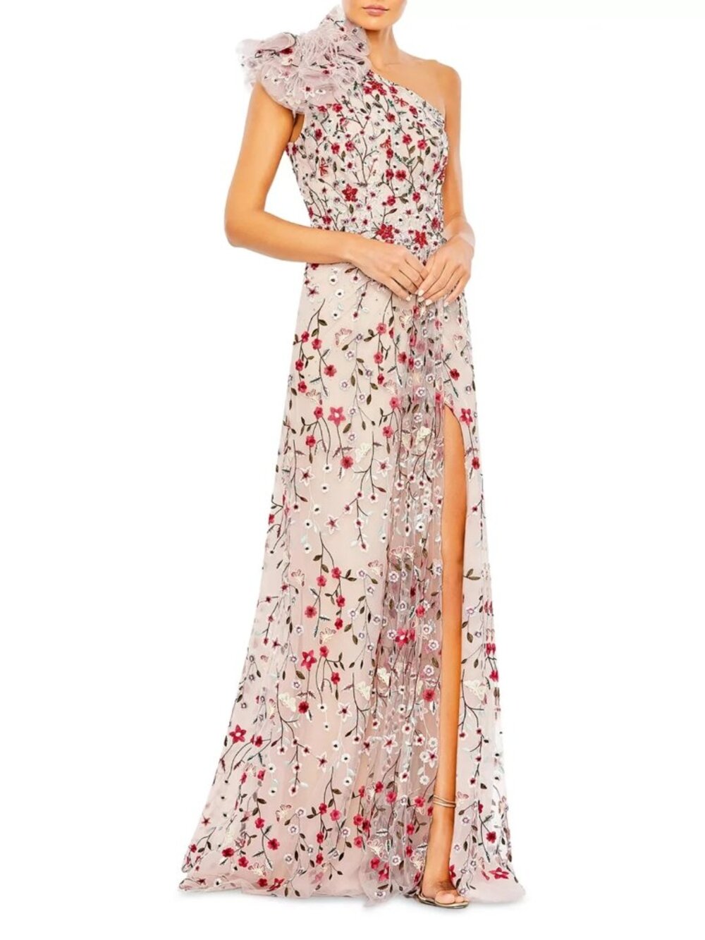 Mac Duggal Rose Pink Embellished Floral One Shoulder A-Line Gown